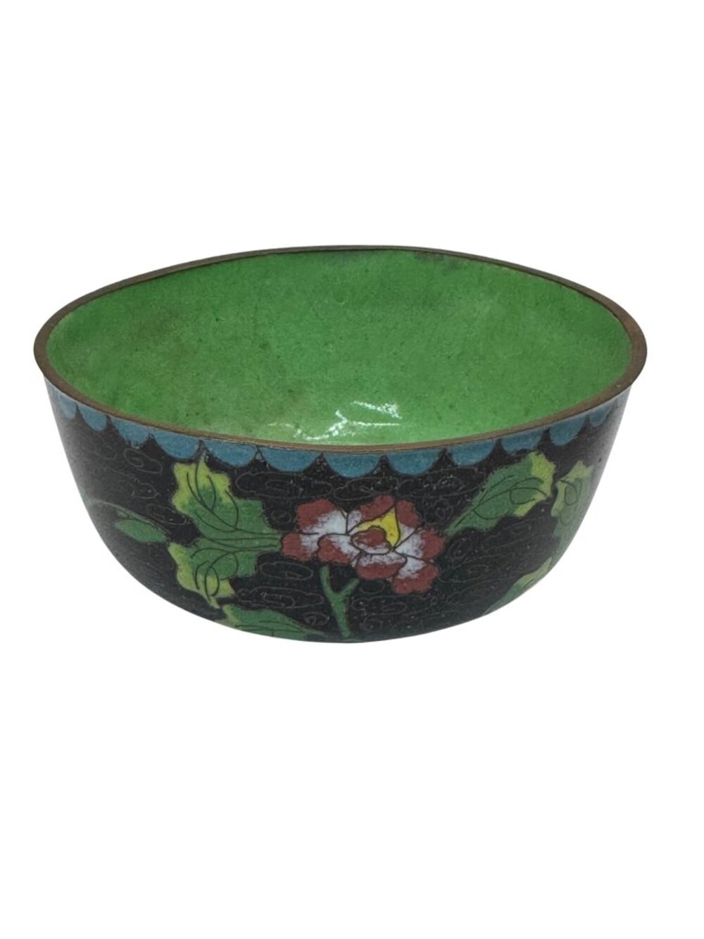 Vintage Cloisonné Bowl Jewelry Trinket Dish Floral Motif & Green Signed China 4"